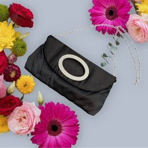 Ellian Elegant Black Satin Evening Clutch Shoulder Bag With Rhinestones